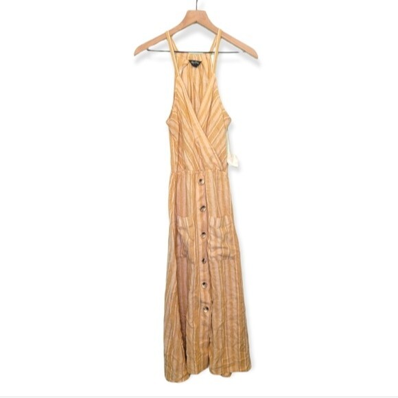 Indigo Rein Mustard Yellow Stripe Linen Blend Midi Dress Size Small - Picture 1 of 6